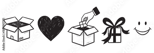A set of hand-drawn doodle icons representing charity and donation, including a box, heart, ballot box, gift, and a smiley face in a simple black and white sketch style
