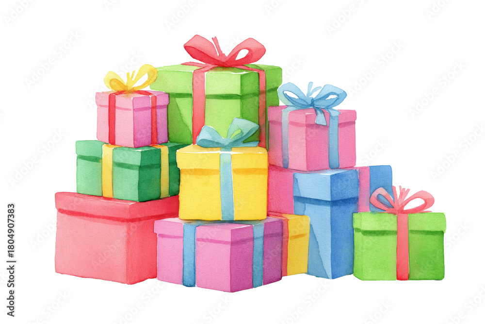 Obraz premium A Pile of Hand Drawn Watercolor Christmas Gift Boxes Decorations. A stack of colorful presents with festive bows, an isolated holiday illustration.