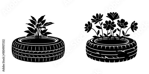 Old tire as flower pot on transparent background