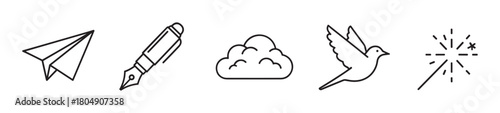 A collection of minimalist line art icons featuring a paper airplane, fountain pen, cloud, flying bird, and sparkler, representing creativity, communication, and imagination