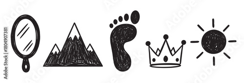 Whimsical set of hand-drawn fairytale icons with a rough, sketchy texture, featuring a magic mirror, mountain peaks, a footprint, a royal crown, and a simple shining sun