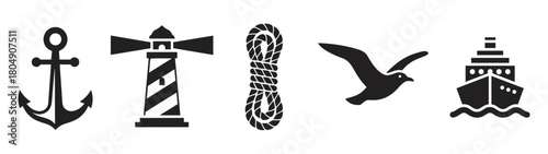 A set of black nautical icons featuring an anchor, a striped lighthouse, a coiled rope, a flying seagull, and a ship on waves, presented in a clean, graphic silhouette style