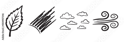 Minimalist black ink illustrations of natural elements, featuring a sketchy leaf, a textured brush stroke, simple cloud doodles, and a stylized swirl representing wind