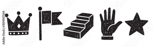 A collection of hand-drawn black icons representing success and achievement, including a crown, flag, podium, hand, and star, all rendered in a rough, sketchy doodle style