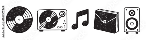 A charming collection of hand-drawn music icons featuring a vinyl record, turntable, musical note, album sleeve, and speaker, all illustrated in a simple black ink doodle style