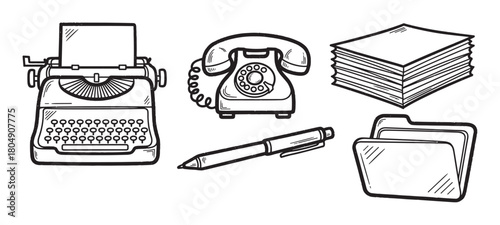 A collection of hand-drawn vintage office supplies including a typewriter, rotary phone, stack of paper, pen, and file folder in a black and white sketch style
