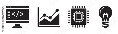 Four black glyph icons in a row symbolizing key business and technology concepts: programming, data growth analysis, microchip processing, and innovative ideas