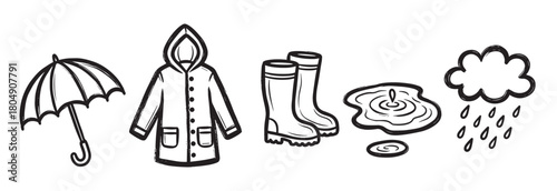 A charming set of hand-drawn black and white icons for rainy weather, featuring an umbrella, raincoat, rubber boots, a puddle, and a cloud with raindrops in a simple doodle style