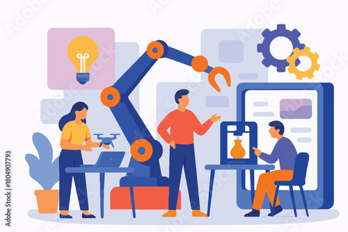 Team of engineers collaborating on a futuristic robotics and 3d printing project