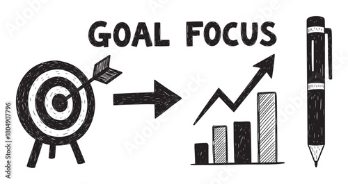 Black and white hand-drawn infographic about goal focus, featuring a dartboard with an arrow, a rising bar chart, and a marker to illustrate business planning and achievement