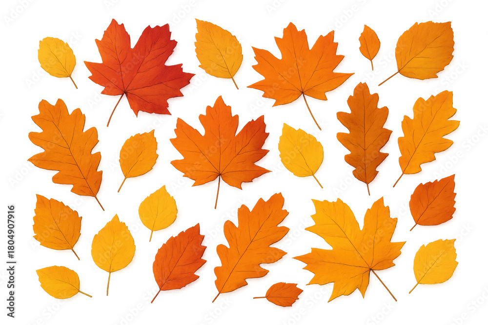 Fototapeta premium Autumn leaves falling, collection of colorful maple, oak, and birch foliage on transparent background