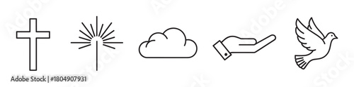 A collection of Christian religious symbols including a cross, shining star, cloud, open hand, and a flying dove, presented as a minimalist black line art icon set