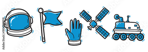 A charming collection of hand-drawn space exploration items, featuring an astronaut helmet, a flag, a glove, a satellite, and a planetary rover, in a playful doodle style with blue and black outlines