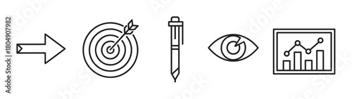 Conceptual icon set illustrating a business strategy with an arrow for direction, a target for goals, a pen for planning, an eye for vision, and a graph for analytics