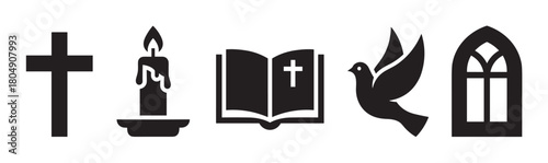 A collection of black Christian religious symbols presented as minimalist graphic icons, featuring a cross, lit candle, open bible, flying dove, and an arched window