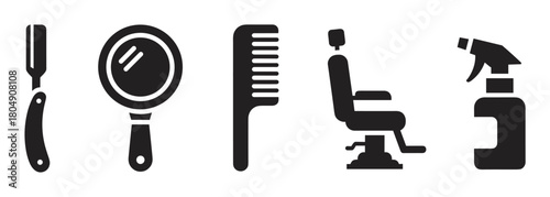 Professional barbershop and hairdresser tool icon set with a straight razor, hand mirror, hair comb, salon chair, and spray bottle presented as simple black glyphs