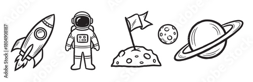 A charming set of hand-drawn space exploration doodles, including a rocket, astronaut, planets, and a flag on the moon, presented in a simple black and white line art style