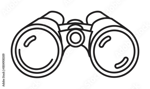 A simple black and white line art icon of a pair of binoculars for observation, representing concepts of searching, exploration, and discovery in a minimalist vector style