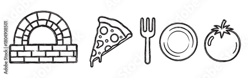 Minimalist black line art icons representing a pizzeria, featuring a traditional brick oven, a cheesy pizza slice, a fork, a plate, and a fresh tomato in a doodle illustration set