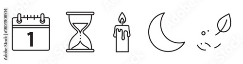A set of minimalist black line icons depicting a calendar, hourglass, candle, moon, and leaf, representing concepts of time, nature, daily cycles, and life
