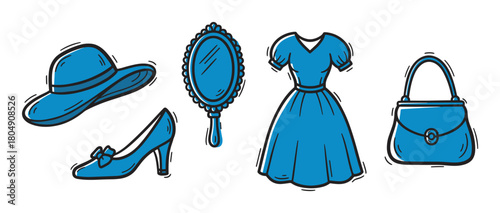 A charming hand-drawn illustration set of blue women's fashion items including a classic dress, a wide-brimmed hat, a high heel shoe, a purse, and a vintage hand mirror