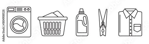 A set of laundry icons including a washing machine, basket, detergent, clothespin, and folded shirt, depicted in a clean black and white line art style for household concepts