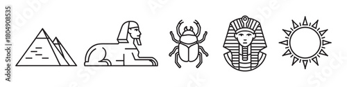 A collection of ancient Egyptian symbols including a pyramid, sphinx, scarab beetle, pharaoh mask, and sun, all rendered in a clean, minimalist black and white line art style