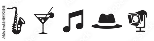 A collection of black silhouette icons representing jazz music and nightlife culture, including a saxophone, cocktail glass, musical note, fedora hat, and a stage spotlight