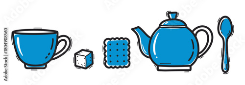A charming hand-drawn illustration set of blue tea time essentials, including a teapot, cup, sugar cube, biscuit, and spoon, rendered in a simple, bold outline doodle style
