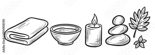 A set of hand-drawn spa and wellness icons, including a towel, bowl, candle, stacked stones, and leaves, illustrated in a simple black and white line art sketch style