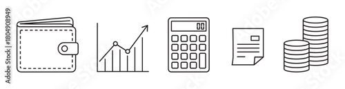 Financial management and accounting icon set with a wallet, stock market growth chart, calculator, bill, and money coins, illustrated in a clean and simple linear graphic style