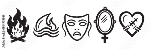 A collection of symbolic black icons with a rough, hand-stamped texture, featuring a bonfire, flame, theatrical mask, vintage mirror, and a stitched heart for emotional concepts