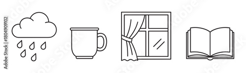 Cozy stay-at-home concept illustrated with simple black line icons of a rain cloud, a warm drink in a mug, a window with a curtain, and an open book for reading