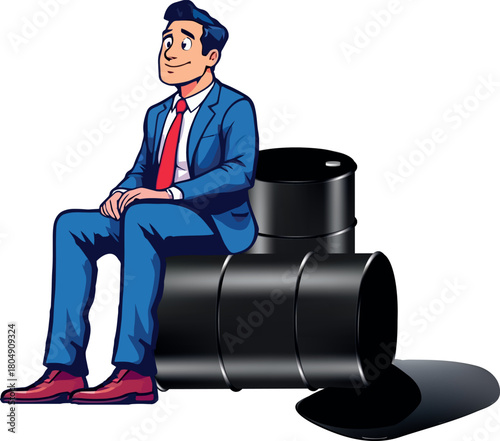 Vsai businessman sitting on oil barrels with crude spill