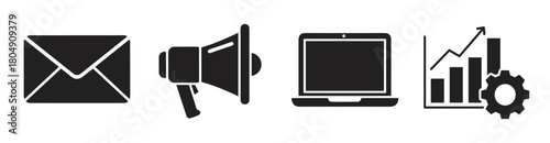 Minimalist black glyph icons for business and marketing, featuring a message envelope, a promotional megaphone, a laptop computer, and a data analytics graph with a cogwheel