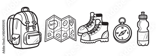 Hand-drawn illustration set of outdoor adventure gear featuring a rucksack, trail map, hiking boots, compass, and water bottle in a black and white line art style