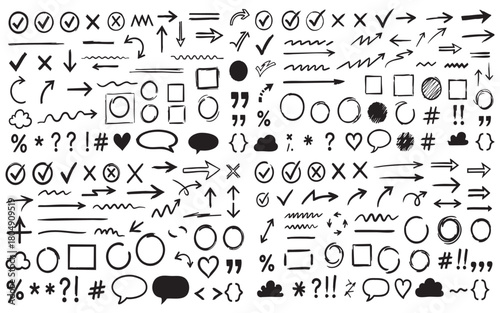 Hand drawn doodle arrows shapes symbols and icons collection