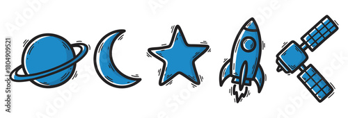 A collection of blue space-themed doodle icons including a planet, moon, star, rocket, and satellite, all drawn in a simple, hand-drawn cartoon style with bold black outlines