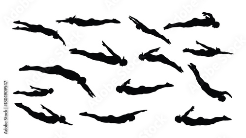 Collection of swimmer and diver silhouettes isolated on white background, Vector
