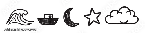A set of five monochrome doodle illustrations featuring a sea wave, a simple ship, a crescent moon, a five-pointed star, and a fluffy cloud, drawn with a thick brush stroke