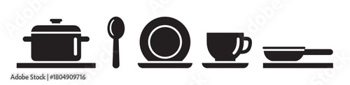 Minimalist black silhouette icon set of various kitchenware and tableware items, including a cooking pot, spoon, plate, cup, and frying pan, arranged in a simple row