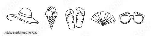 A collection of summer vacation essentials including a sun hat, ice cream cone, flip-flops, hand fan, and sunglasses, depicted in a simple black and white line art style