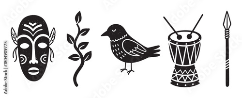 A collection of ethnic tribal symbols including a ritual mask, plant, bird, djembe drum, and spear, illustrated in a textured black and white hand-drawn linocut style