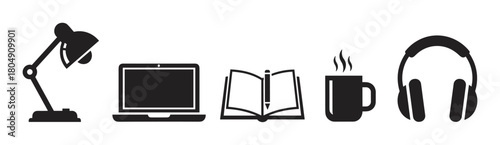 A collection of black silhouette icons representing studying or remote work, featuring a desk lamp, laptop, open book, steaming mug, and headphones in a row