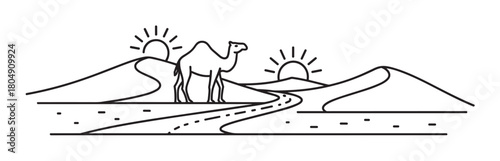 A minimalist line art illustration of a camel standing on a winding road in a vast desert landscape with sand dunes and two suns on the horizon