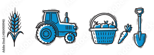 A collection of farming and agriculture icons in a hand-drawn doodle style, featuring a tractor, wheat stalk, basket of apples, carrot, and a shovel in a two-tone design