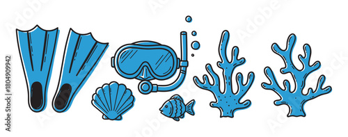A set of blue doodle-style illustrations featuring snorkeling gear like flippers and a mask, alongside sea life elements such as coral, a fish, and a seashell