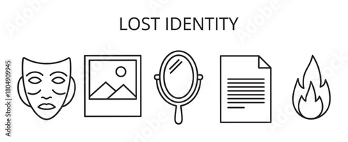 Minimal black and white vector icon set illustrating the theme of a personal crisis or lost identity with symbols for persona, memory, self-image, records, and destruction