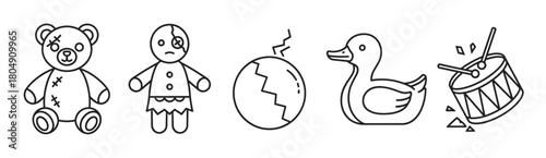 A collection of broken and vintage toy icons in a minimalist line art style, featuring a stitched teddy bear, a creepy doll, a cracked ball, a rubber duck, and a toy drum