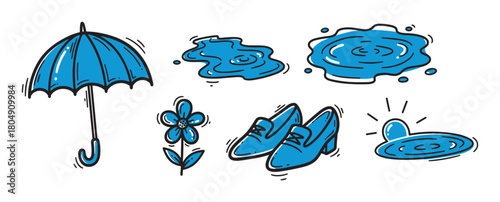 A hand-drawn vector illustration set with a blue color accent, showing various rainy day objects like an open umbrella, water puddles, a pair of elegant shoes, and a flower